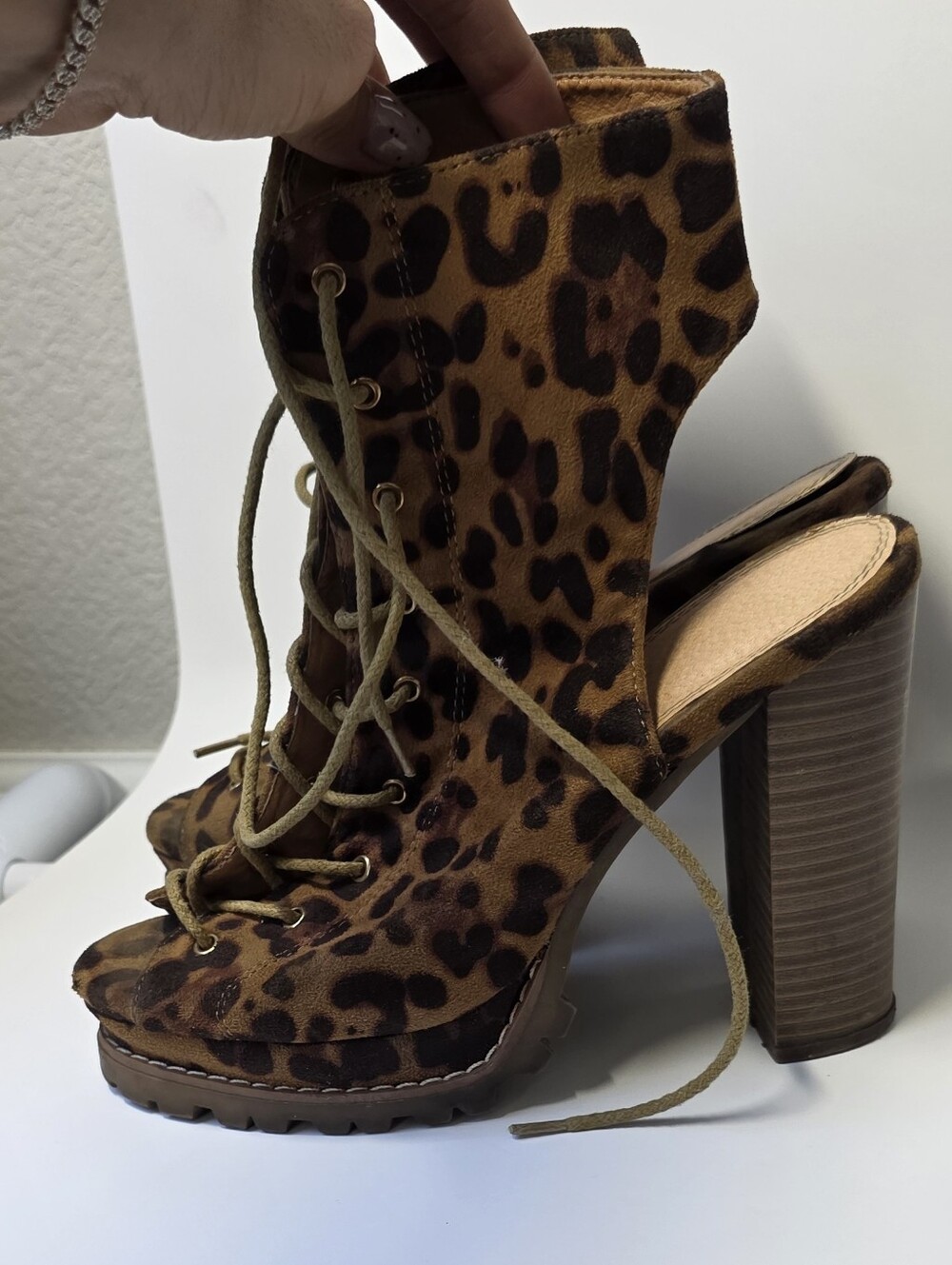 Lilana Leopard Print Lace-Up Peep Toe High Heel Bootie - Brown